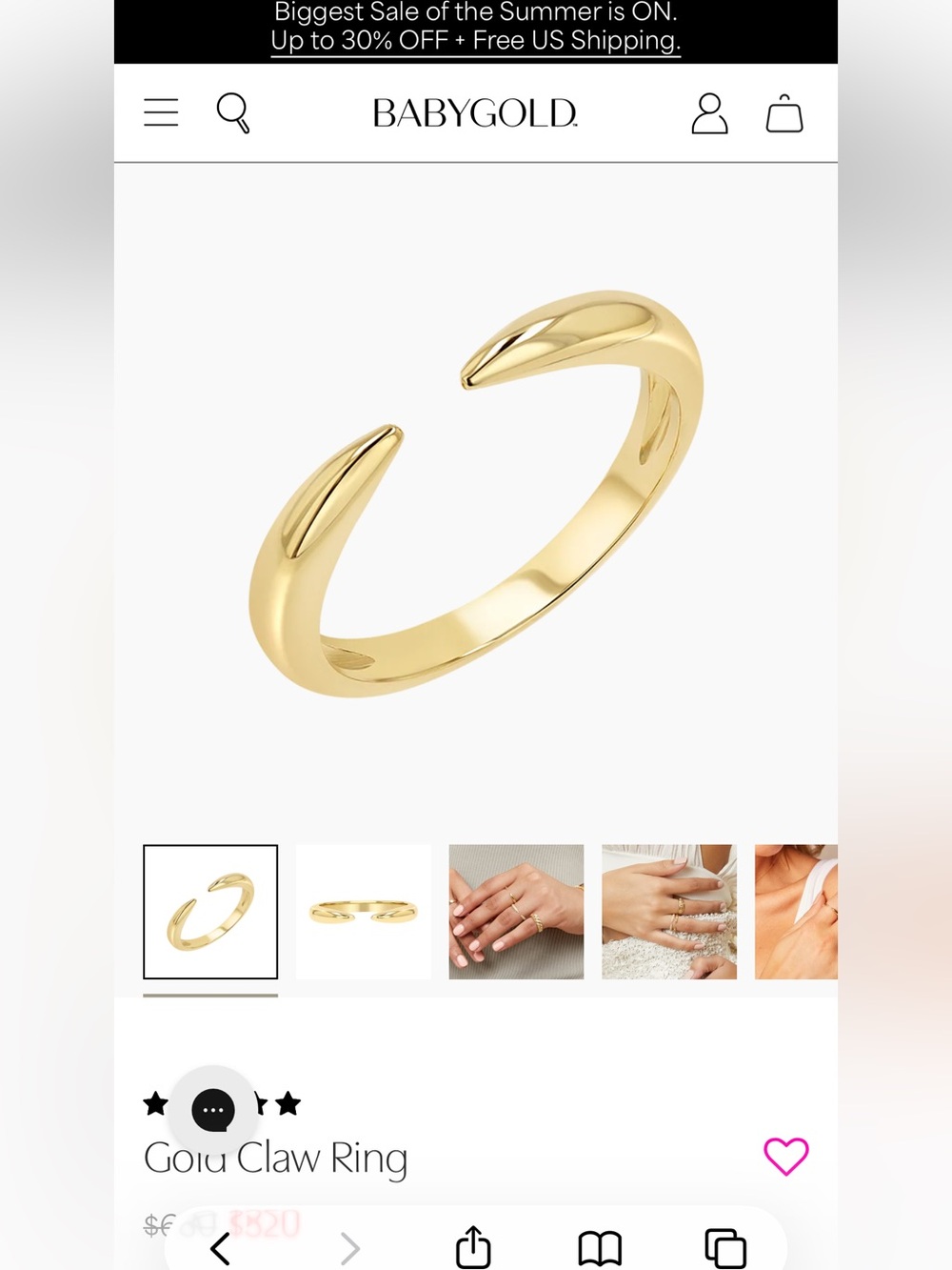 Baby Gold 14k Solid Gold Claw Ring - size 9 - Picture 2 of 4